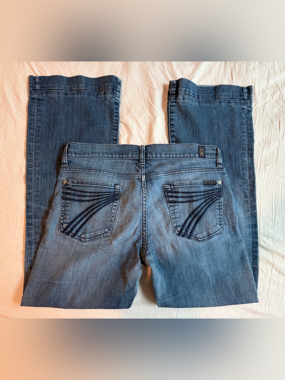 7 For All Mankind Women's Blue Boot Cut Jeans with Back Pocket Stitching
